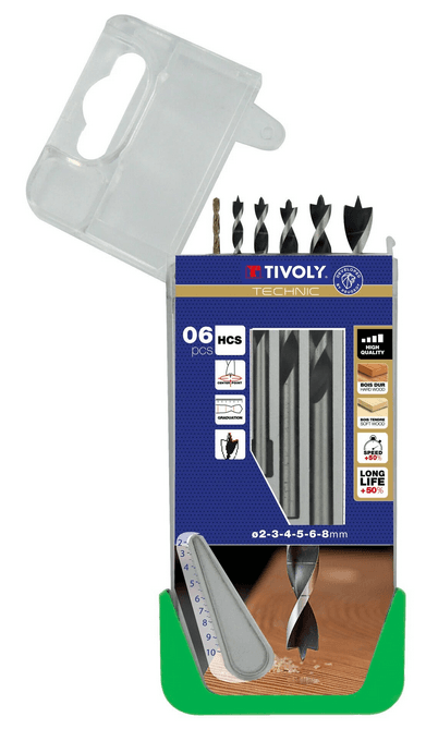 6 forets bois 3 pointes gradués SLR Ø 2 à 8mm