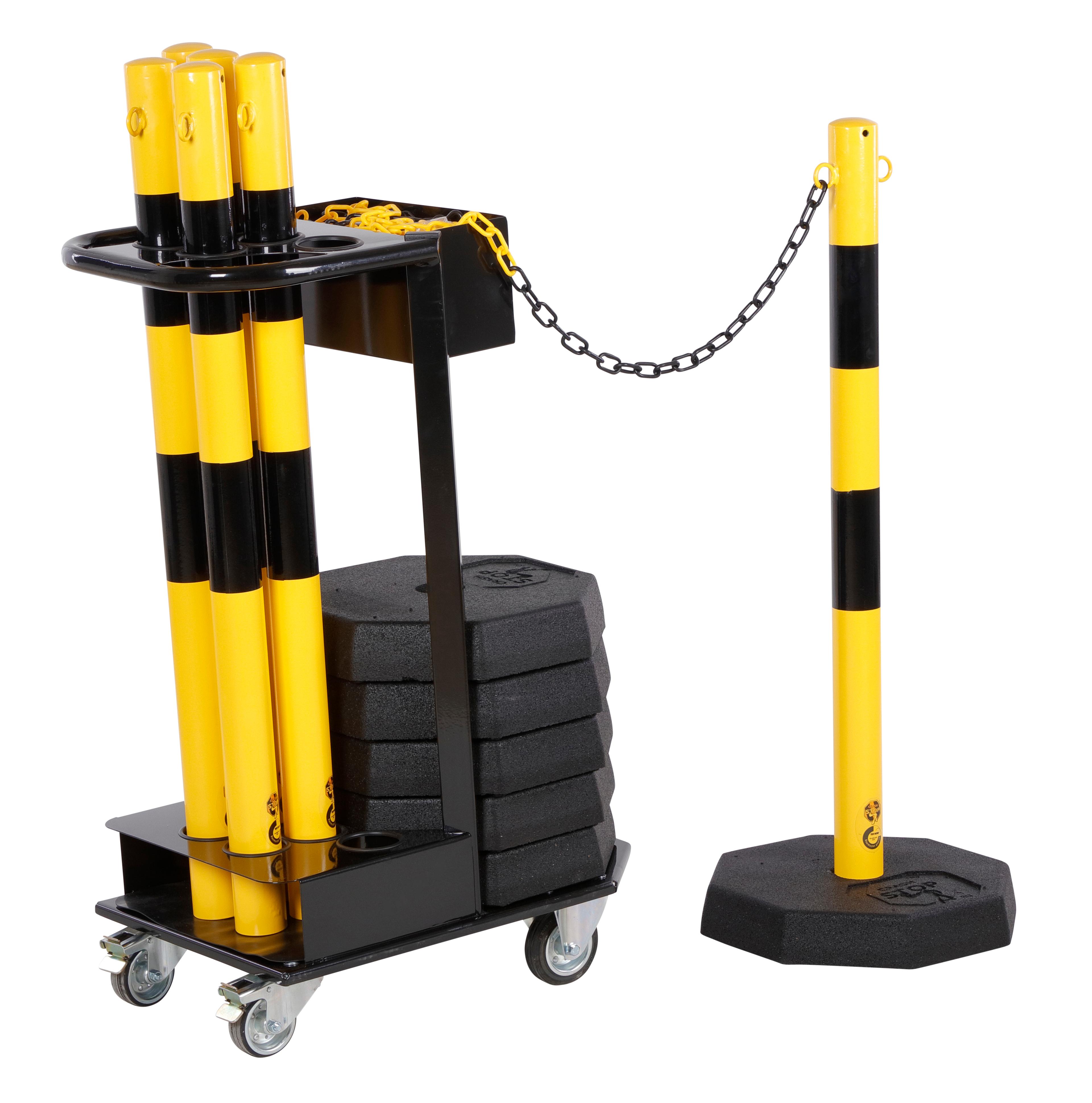 CHARIOT AVEC 6 POTEAUX SUR SOCLE + CHAINE ROUGE/BLANC