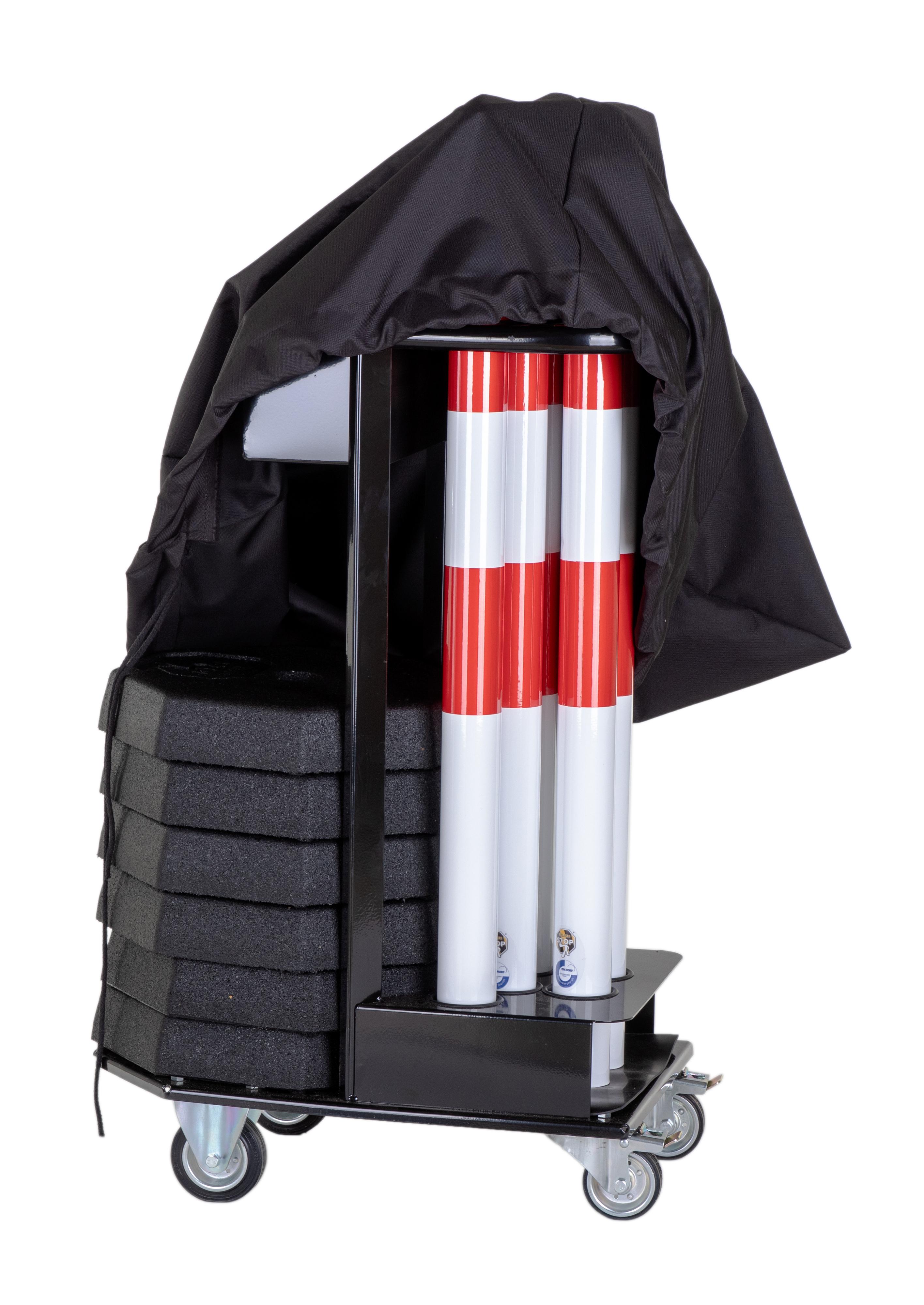 CHARIOT AVEC 6 POTEAUX SUR SOCLE + CHAINE ROUGE/BLANC