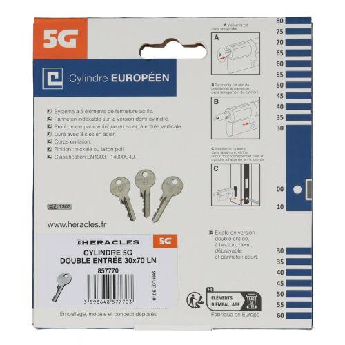 Cylindre à double entrée 5 goupilles 5G 30 x 30 mm laiton nickelé sur carte