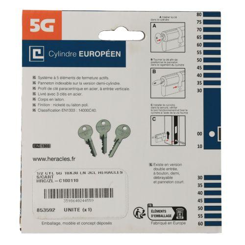 Cylindre à double entrée 5 goupilles 5G 30 x 30 mm laiton nickelé sur carte