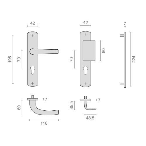 Ensemble double bequille sur plaque massive SALOME - Alu. - Bec de cane - 195MM