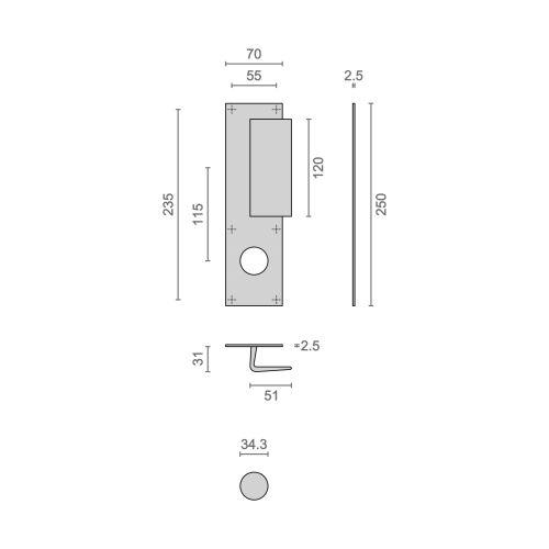 Poignée palière sur plaque BASTILLE 70 x 250 MM - Alu. - Champagne - Trou 34 MM